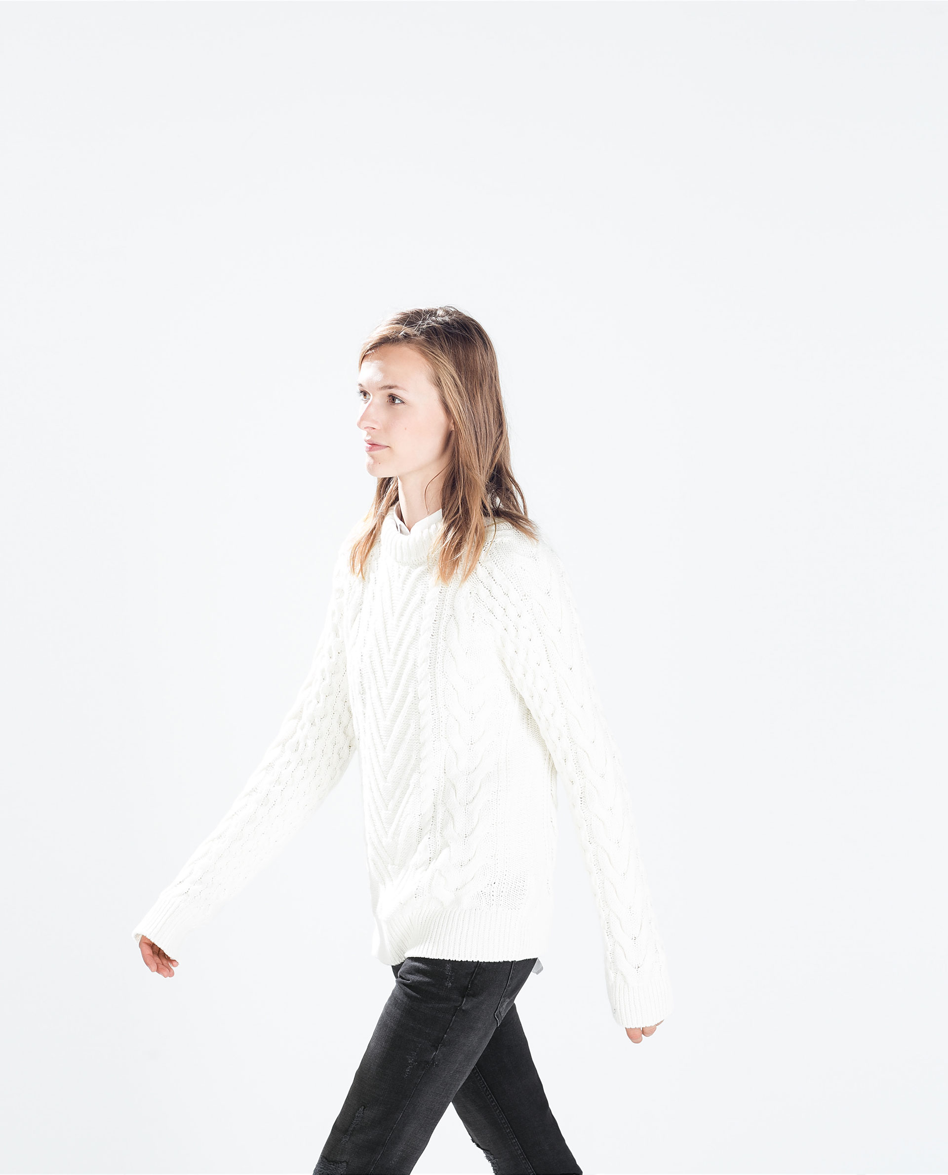 Zara Cable Knit Sweater With Opening in White | Lyst