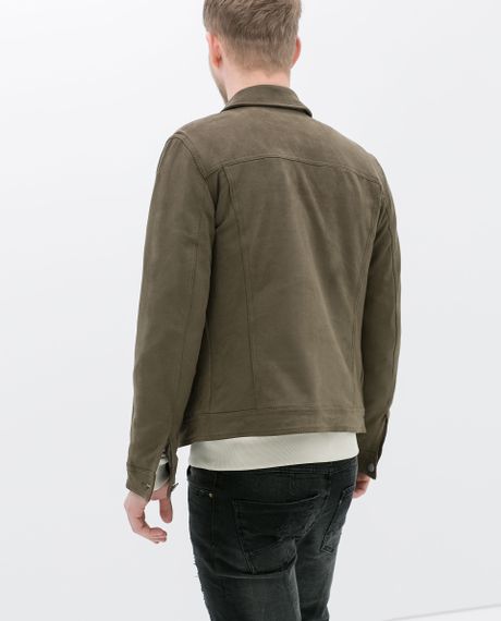 Zara Faux Suede Denim Style Jacket with Pocket in Khaki for Men | Lyst