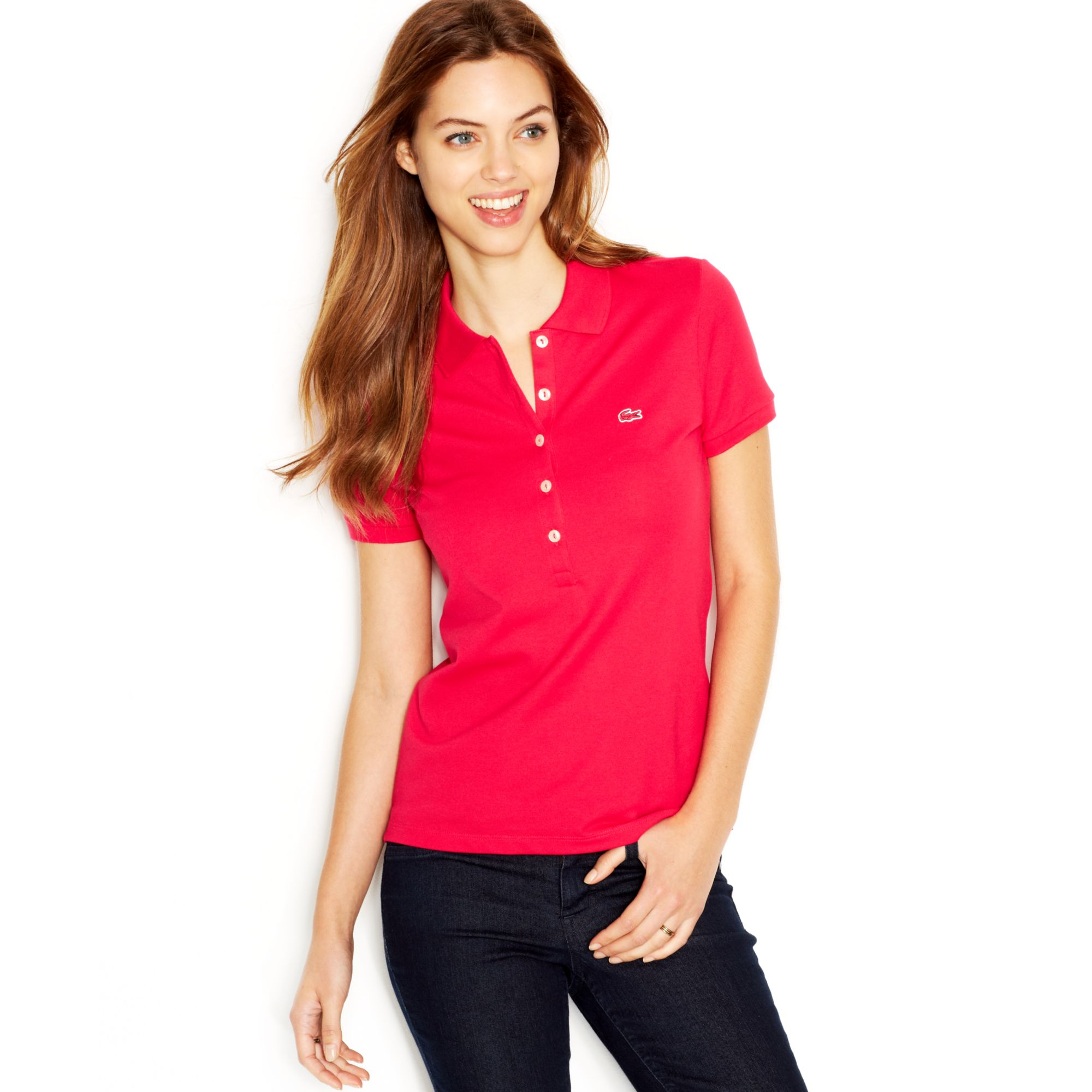 Lyst Lacoste Shortsleeve Fivebutton Logo Polo Shirt in Red