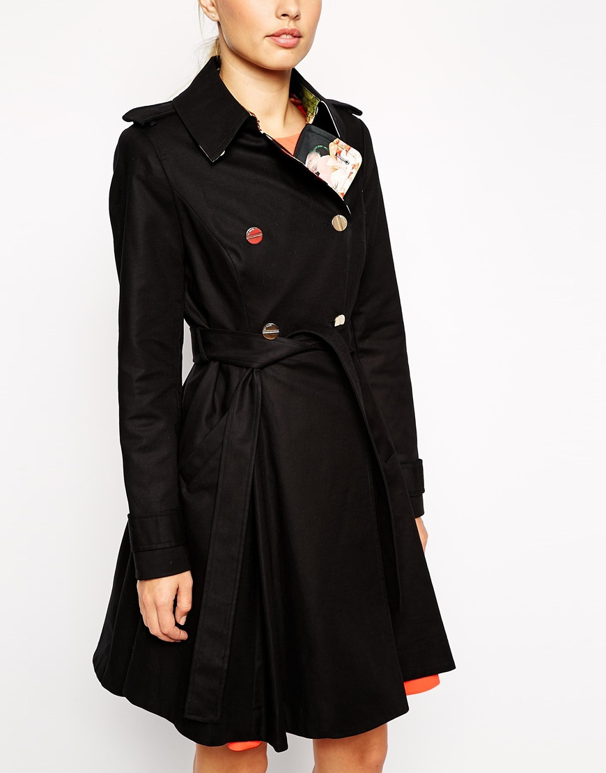 Ted Baker Flared Skirt Trench Coat With Opulent Bloom Collar in Black - Lyst