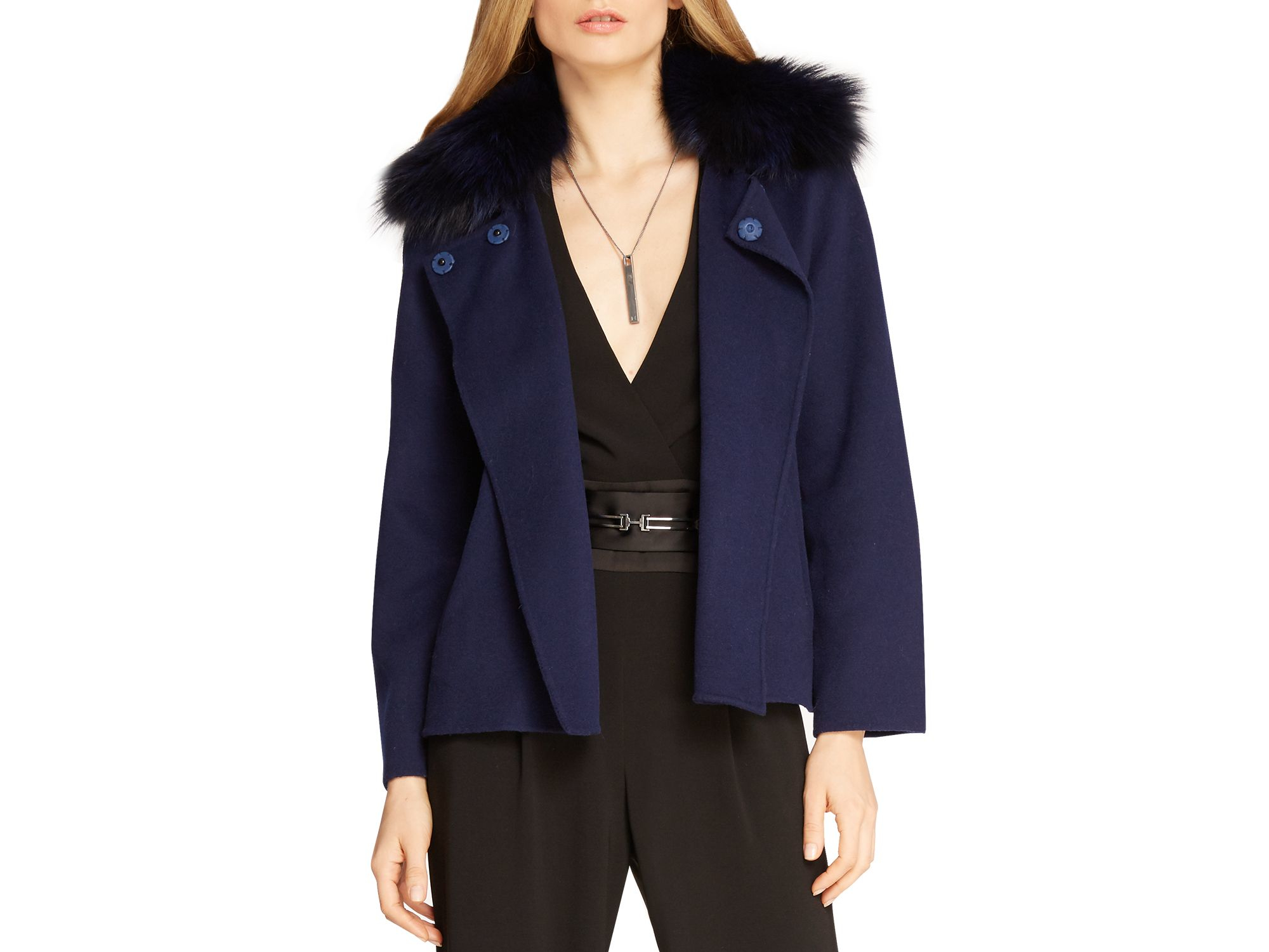 Lyst Halston Fur Collar Doublefaced Jacket in Blue