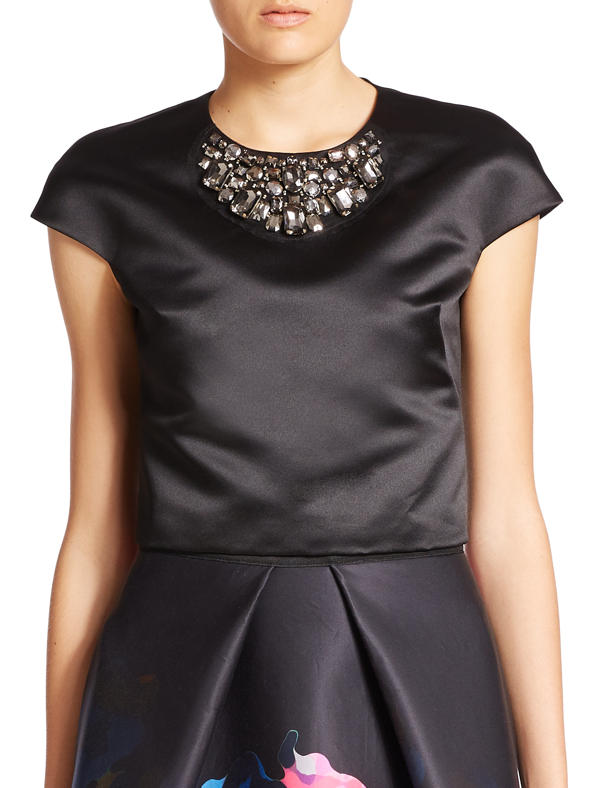 Milly Embellished Satin Top in Black Lyst