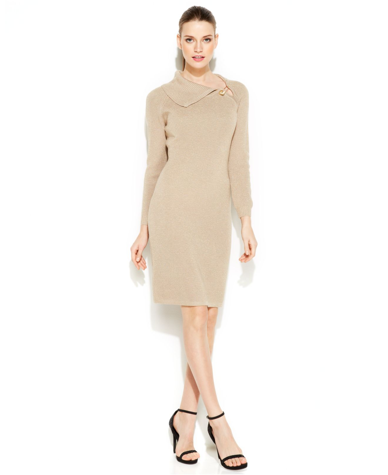 Calvin Klein Metallic Fold-Over Collar Sweater Dress | Lyst