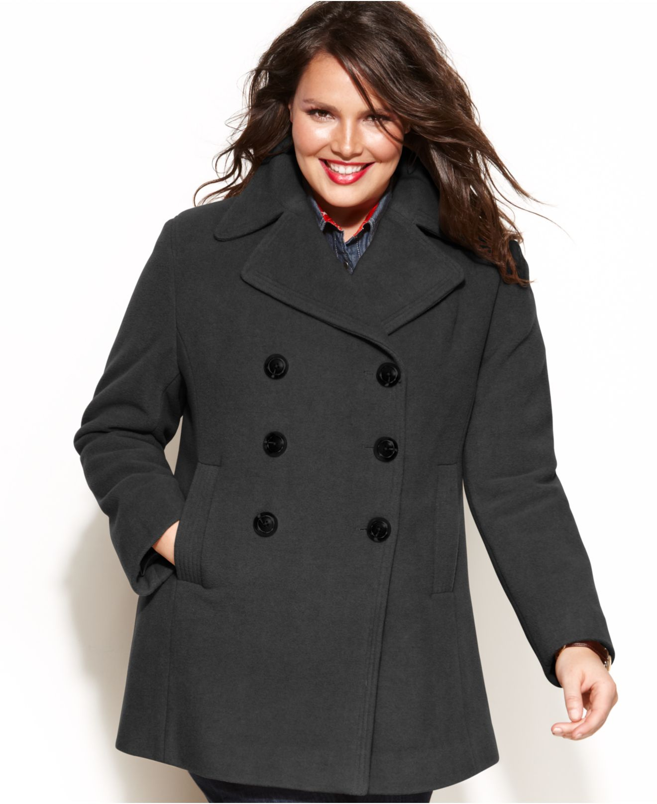 Kenneth Cole REACTION Womens Hooded Double Breasted Wool Coat 
