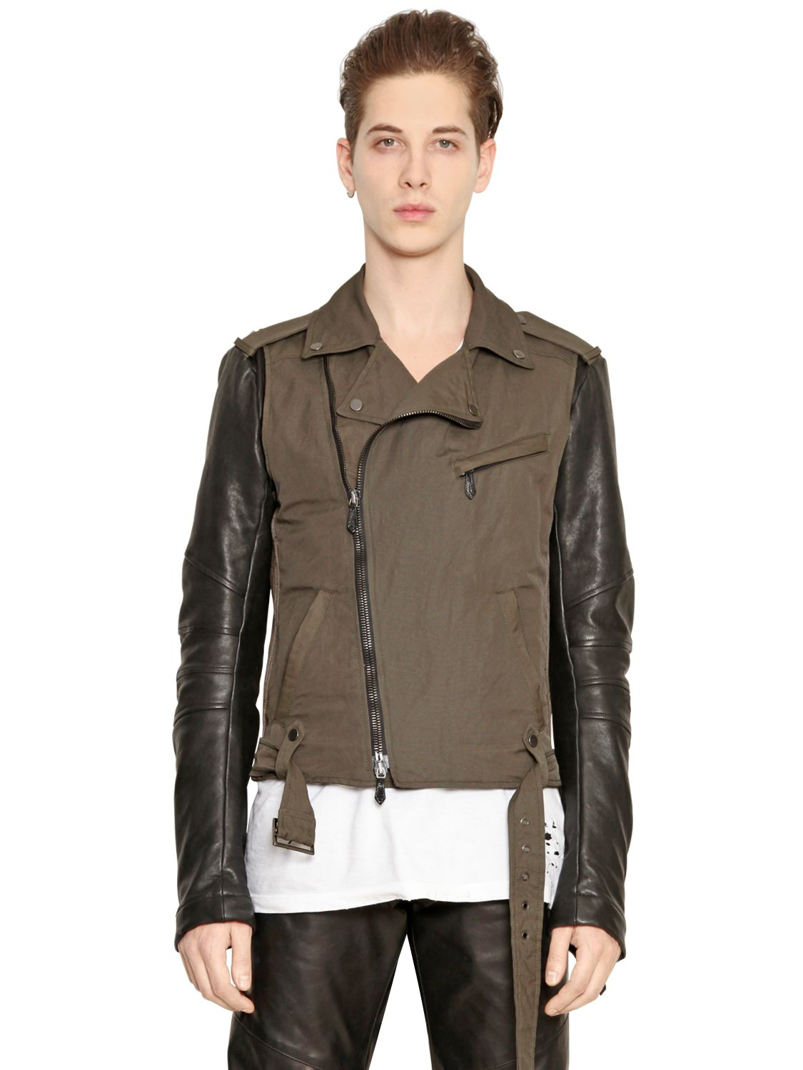 Lyst - Balmain Cotton Canvas & Leather Biker Jacket in Natural for Men