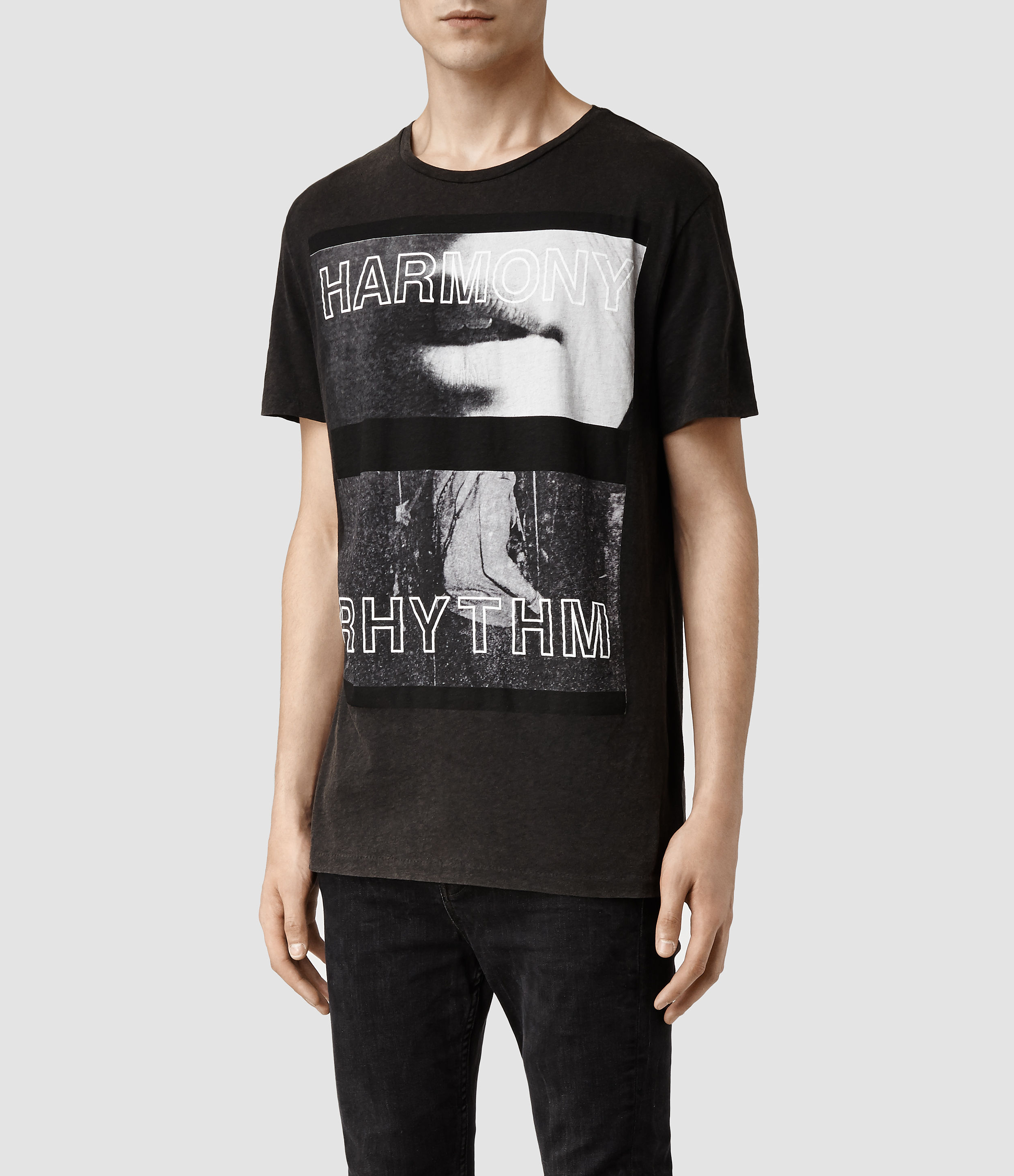 Allsaints Men's Black Bend illustré Imprimer Casual T-shirt Taille M Xl Rrp £ 40 