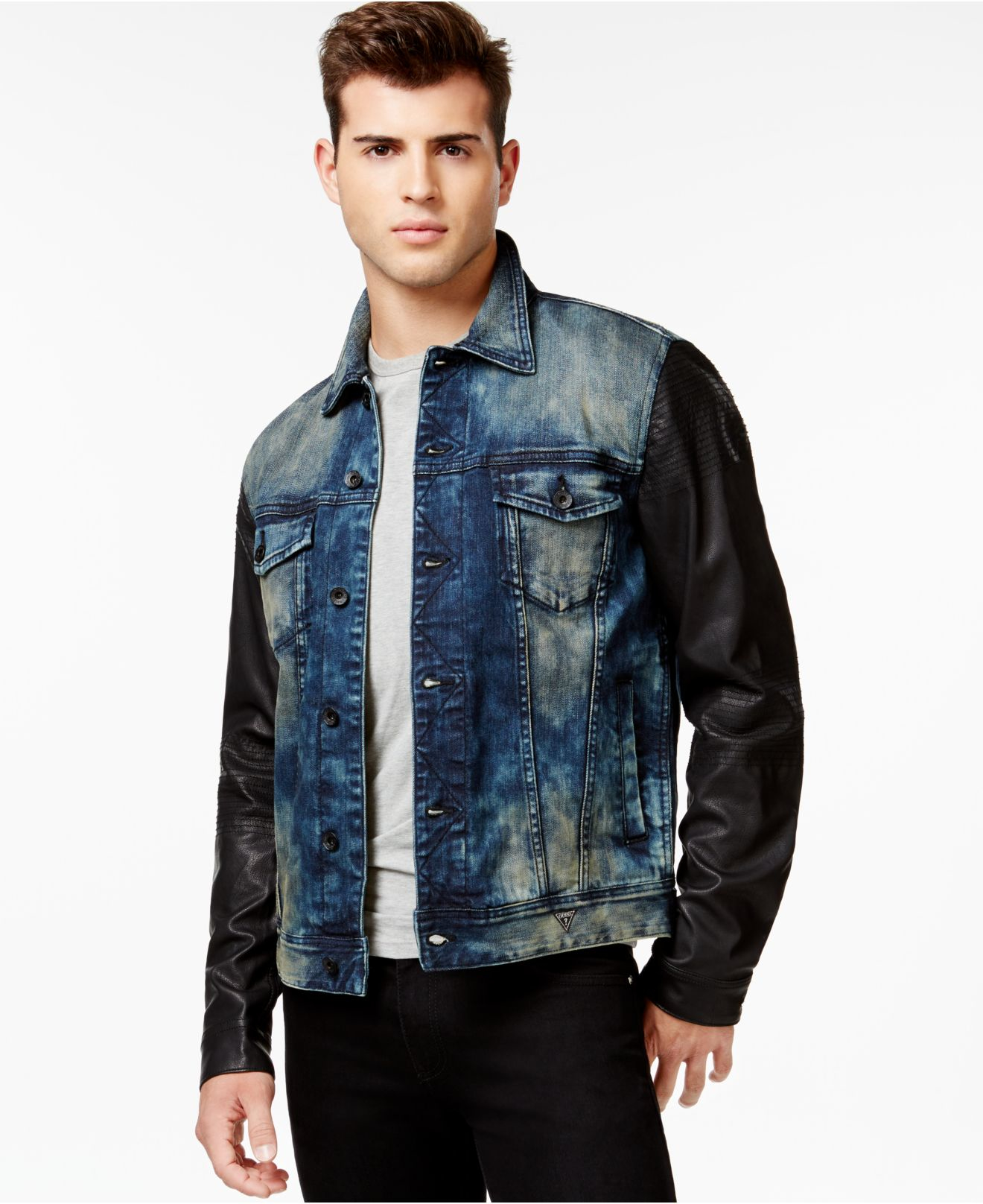 Guess Dillon Faux-leather Sleeve Jacket in Blue for Men - Lyst