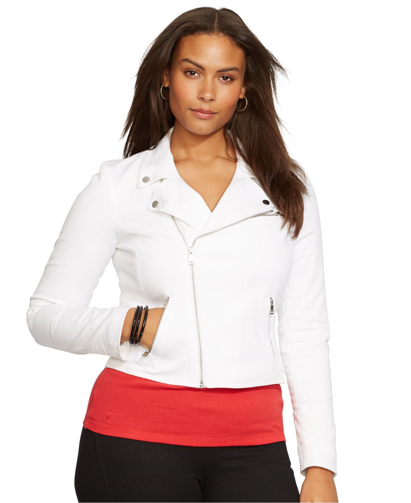 Lauren by Ralph Lauren Plus Size Denim Moto Jacket in White | Lyst