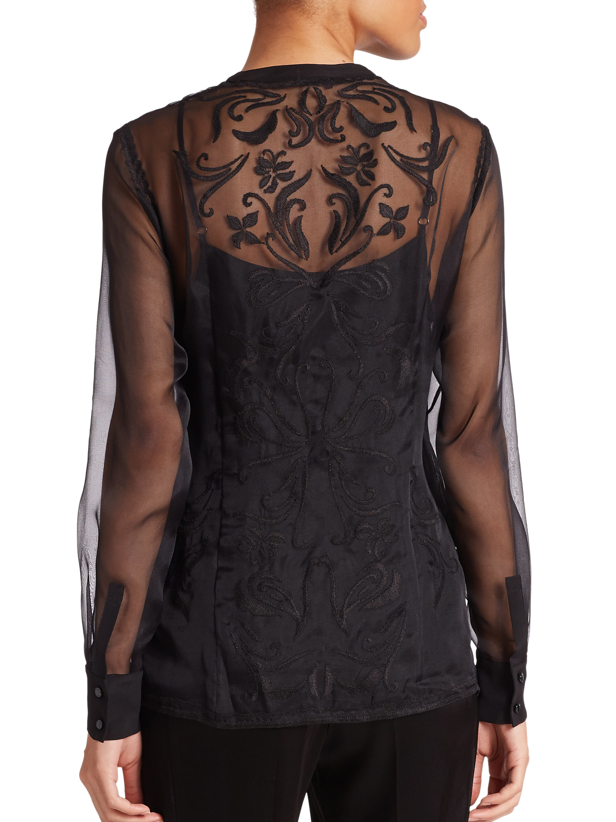 Lyst Escada Embroidered Sheer Silk Blouse in Black