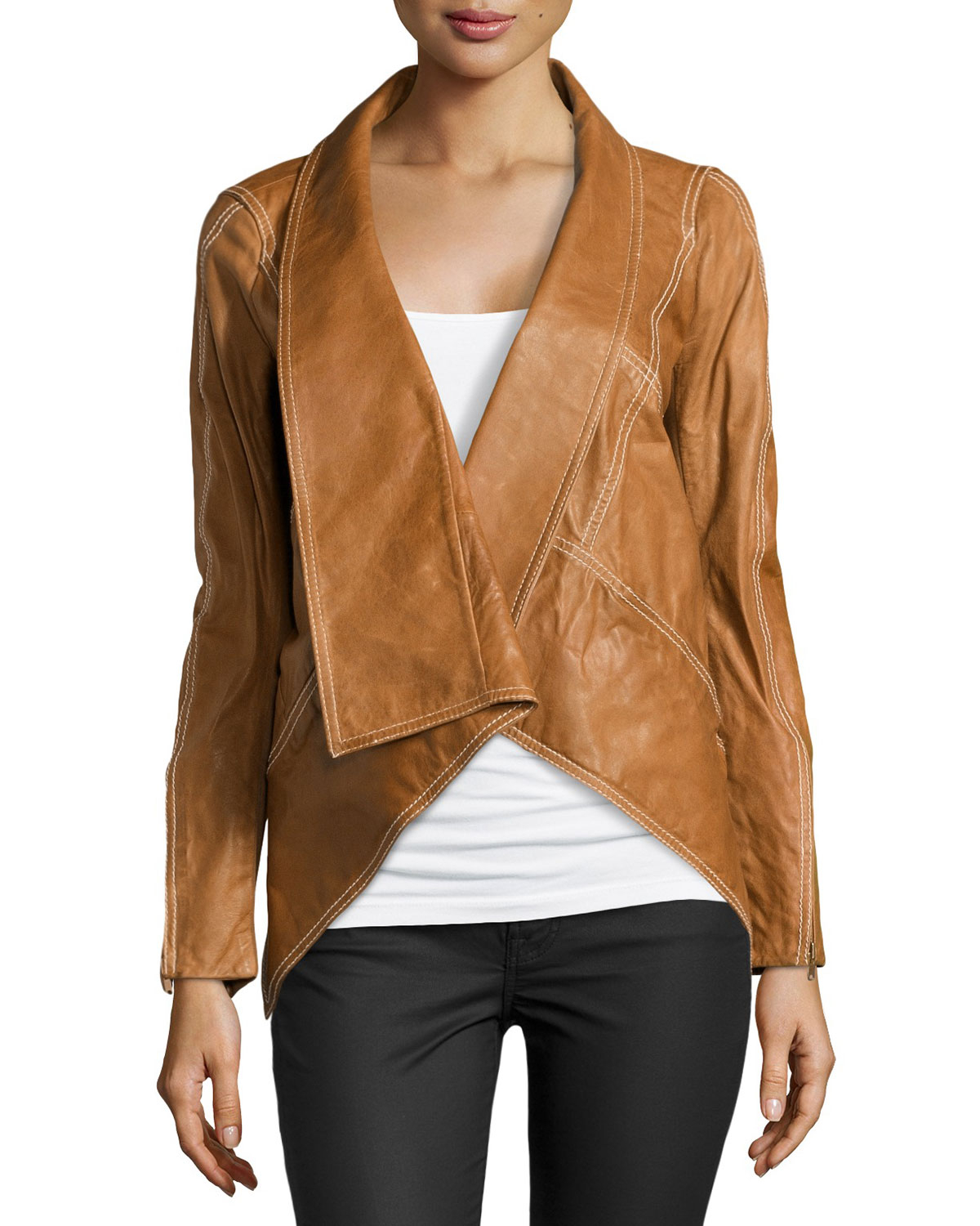 Donna Karan Brown Leather Jacket With Stretch Jersey Inset