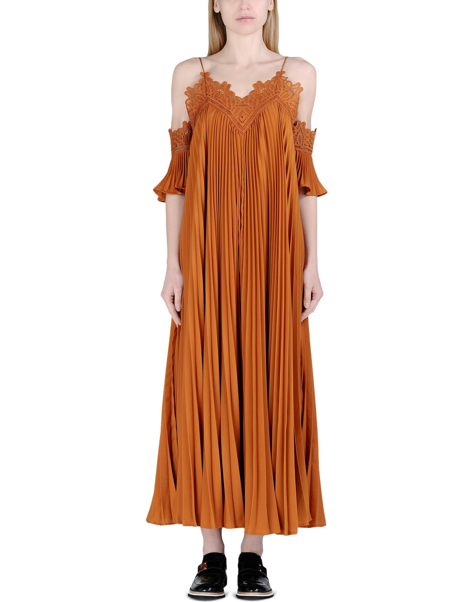 orange off shoulder pleated chiffon dress