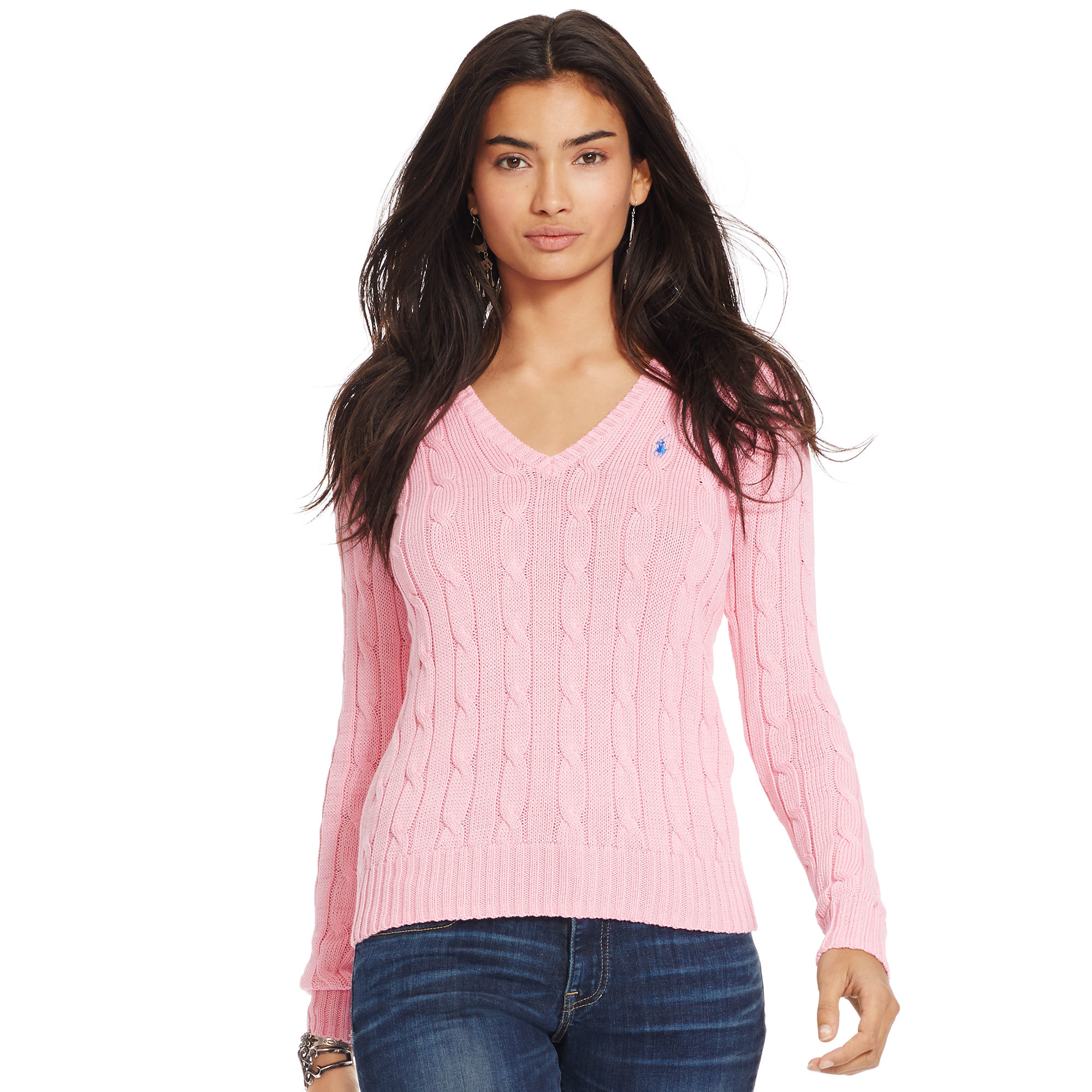 Polo Ralph Lauren Cable-knit V-neck Sweater in Pink Flamingo (Pink) - Lyst