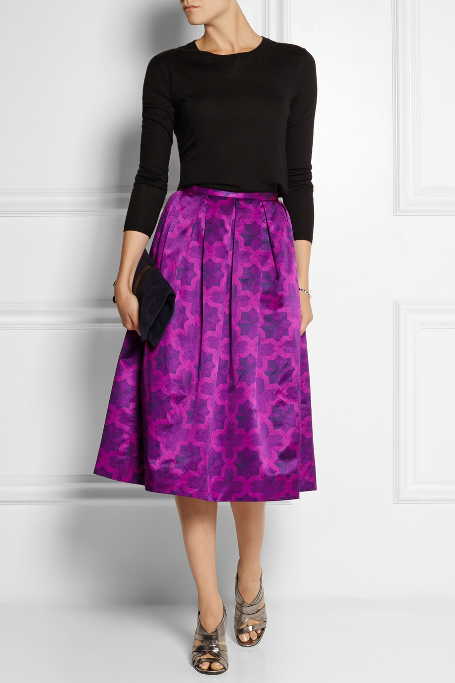 House of holland Dirndl Printed Satin Midi Skirt in Purple | Lyst