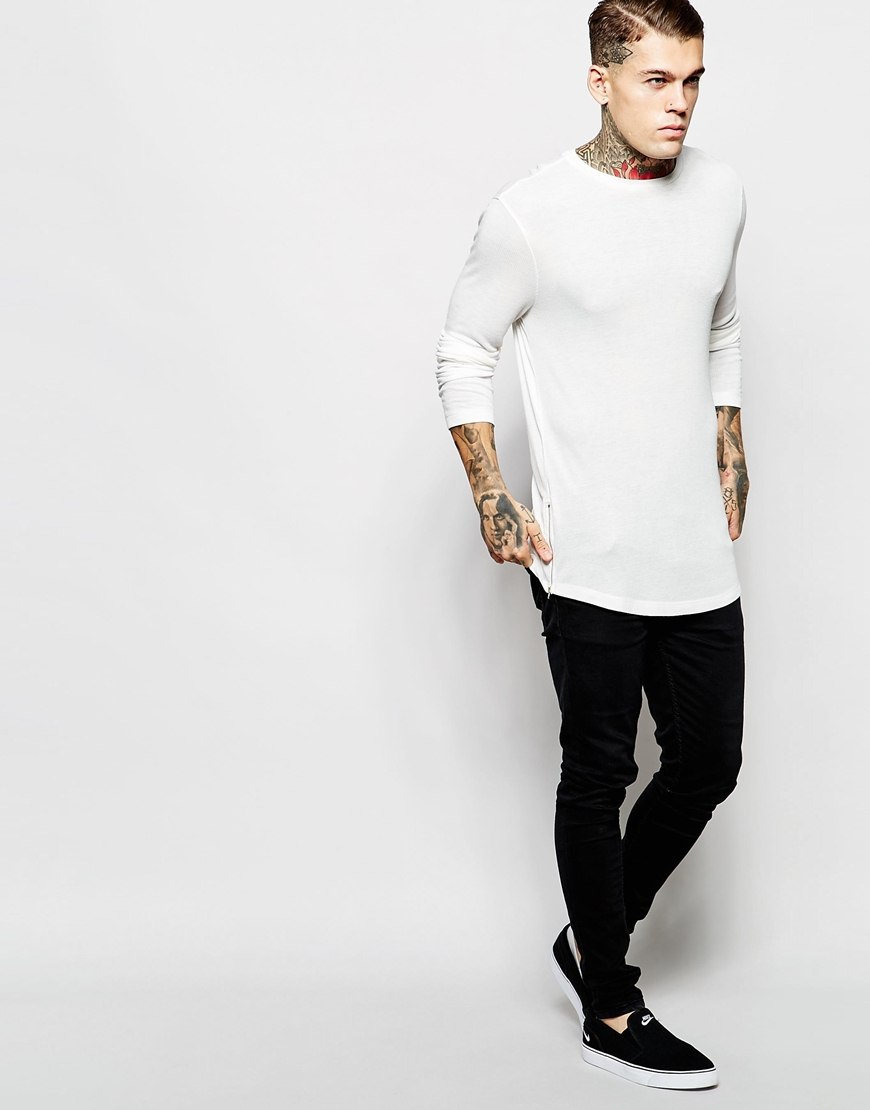 ASOS Drapey Rib Longline Long Sleeve T-shirt With Zips in White for Men ...