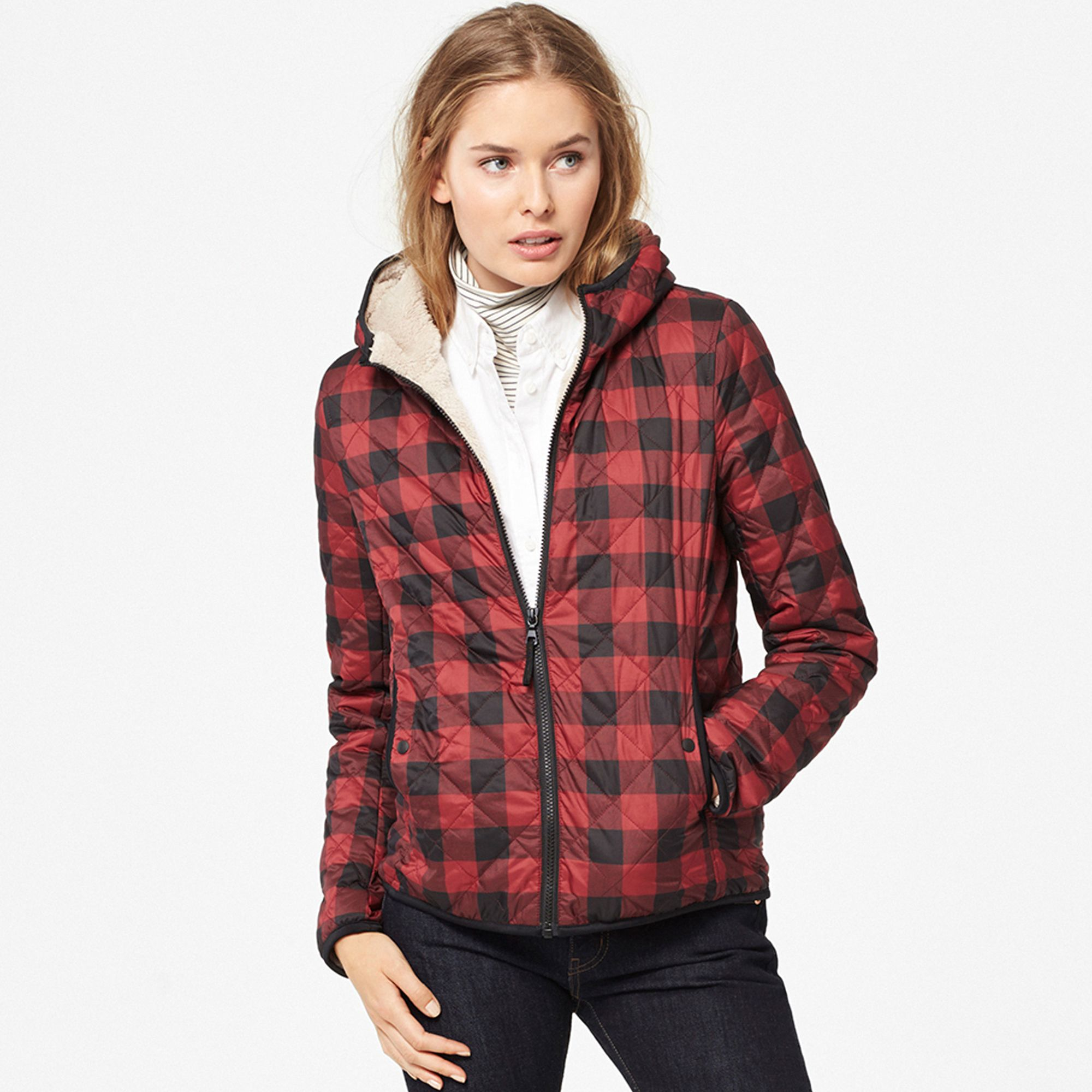 Uniqlo Women Faux Shearling Quilted Parka (printed) in Red | Lyst