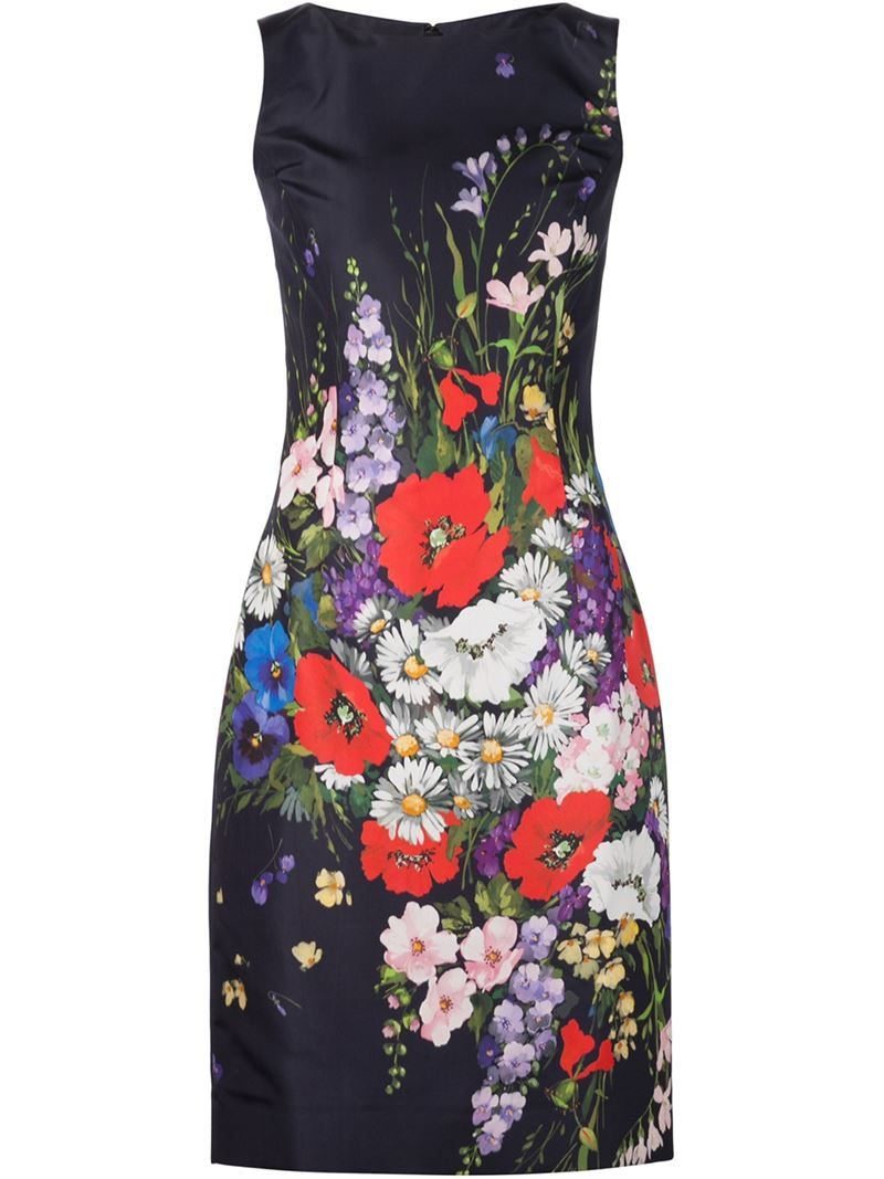 Lyst - Oscar De La Renta Floral Bouquet-Print Dress in Blue