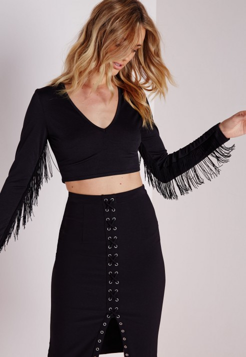 fringe long sleeve crop top