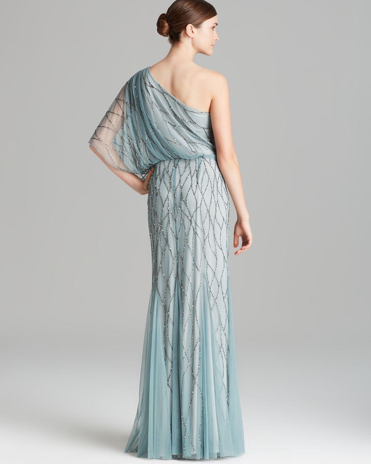 Adrianna Papell Gown One Shoulder Blouson with Beaded Mesh in 