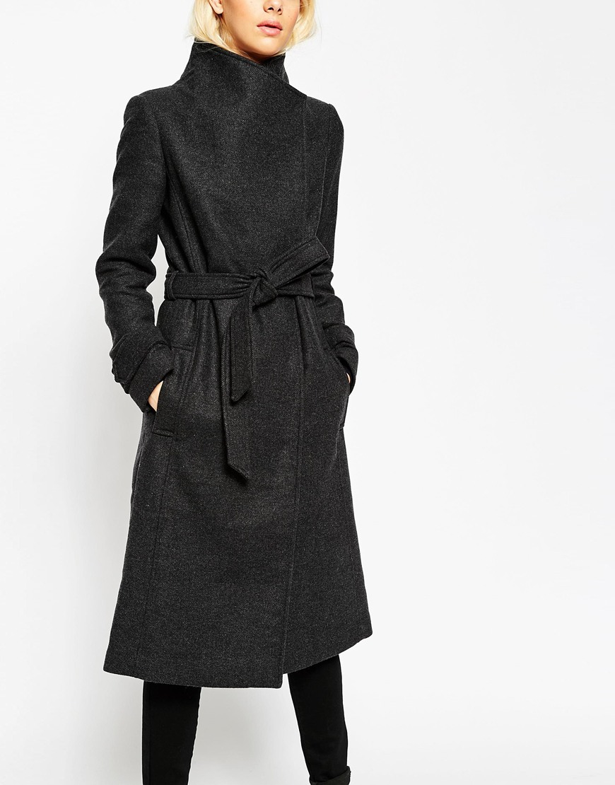 ASOS Coat With Funnel Neck And Belt In Wool in Charcoal (Gray) Lyst