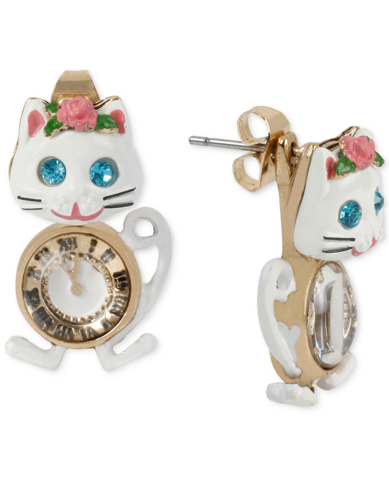 Lyst Betsey Johnson Goldtone Crystal Catandclock Stud Earrings in
