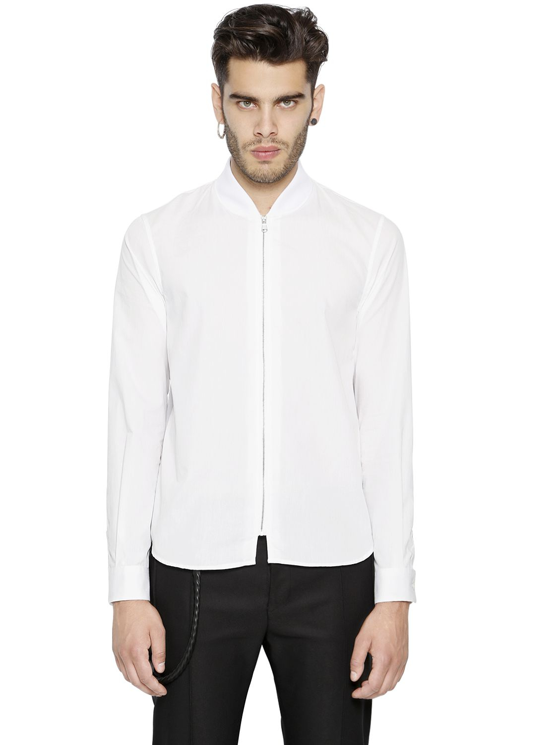 white zip up shirt