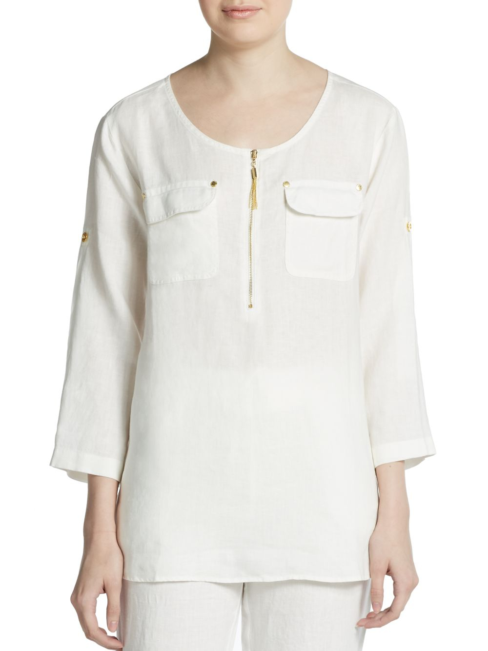 Ellen Tracy Roll-sleeve Linen Shirt in Chalk (White) - Lyst