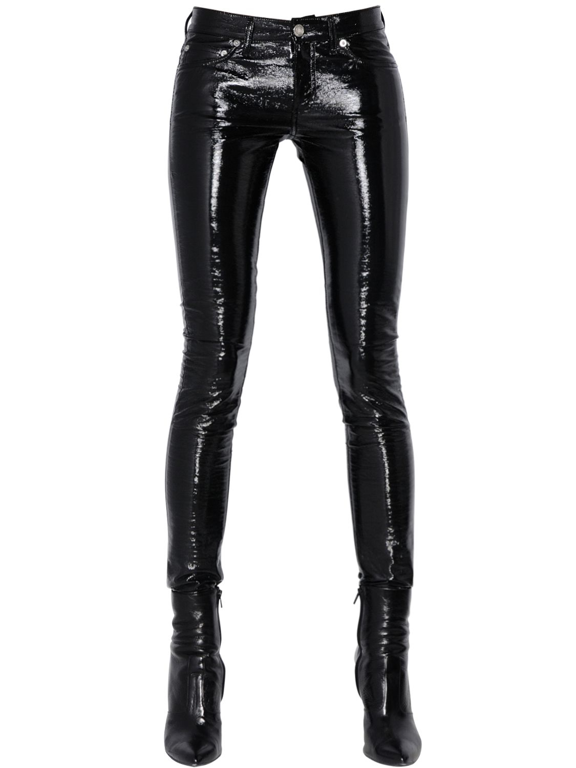 Saint Laurent Low Rise Faux Patent Leather Pants in Black