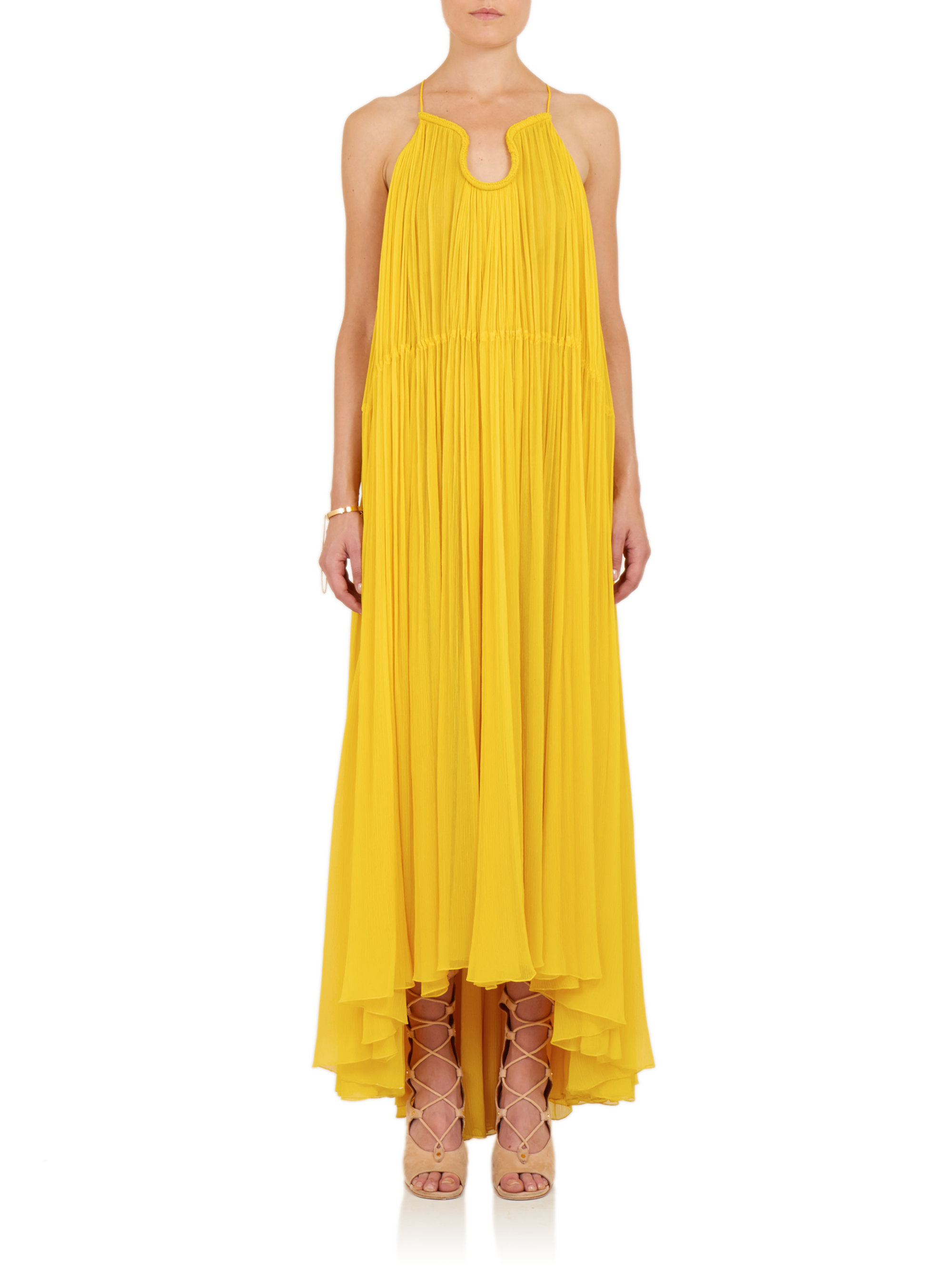 ChloÃ© Pleated Silk Maxi Dress in Yellow | Lyst