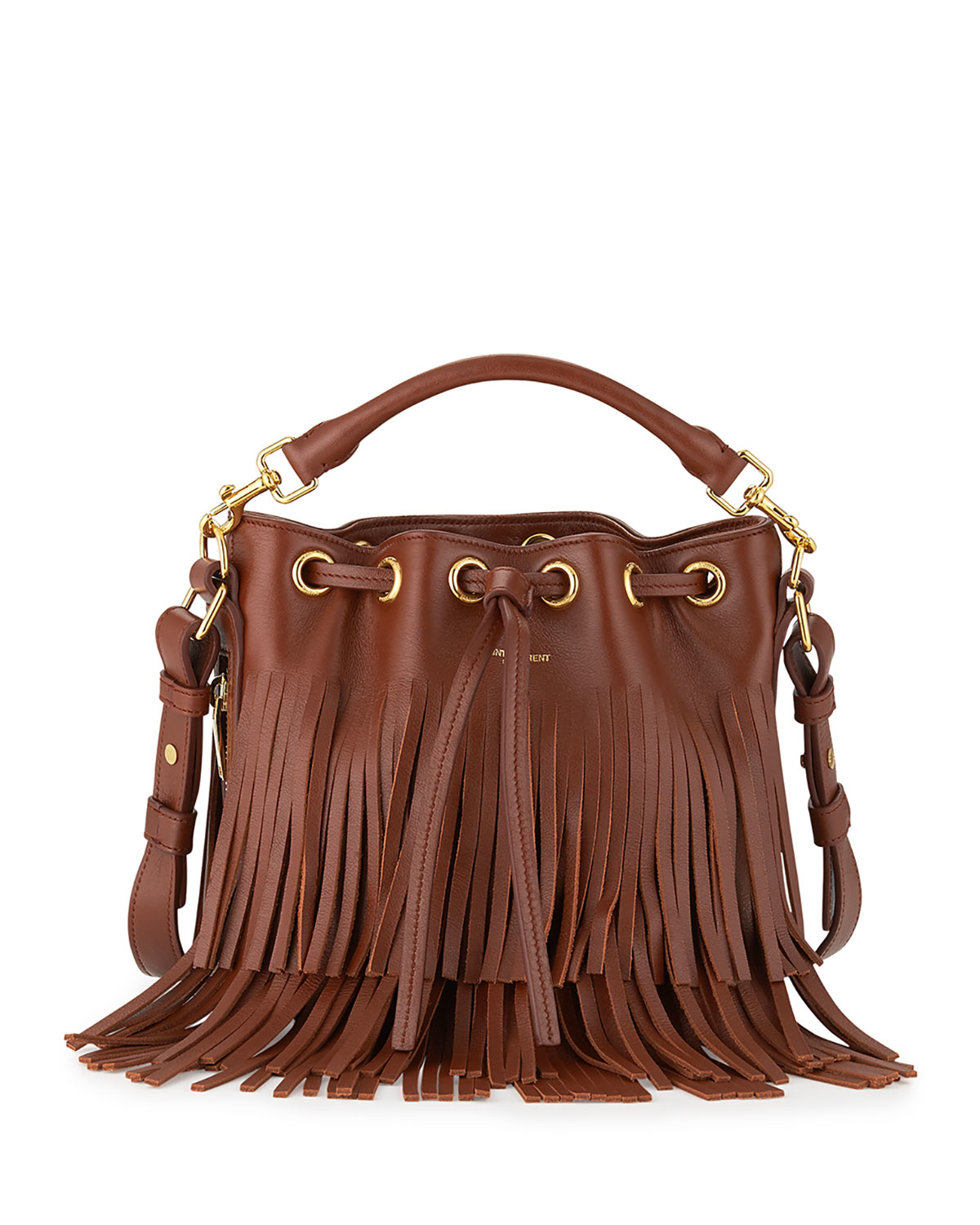 Saint laurent Emmanuelle Fringed Leather Bucket Bag in Brown (cognac