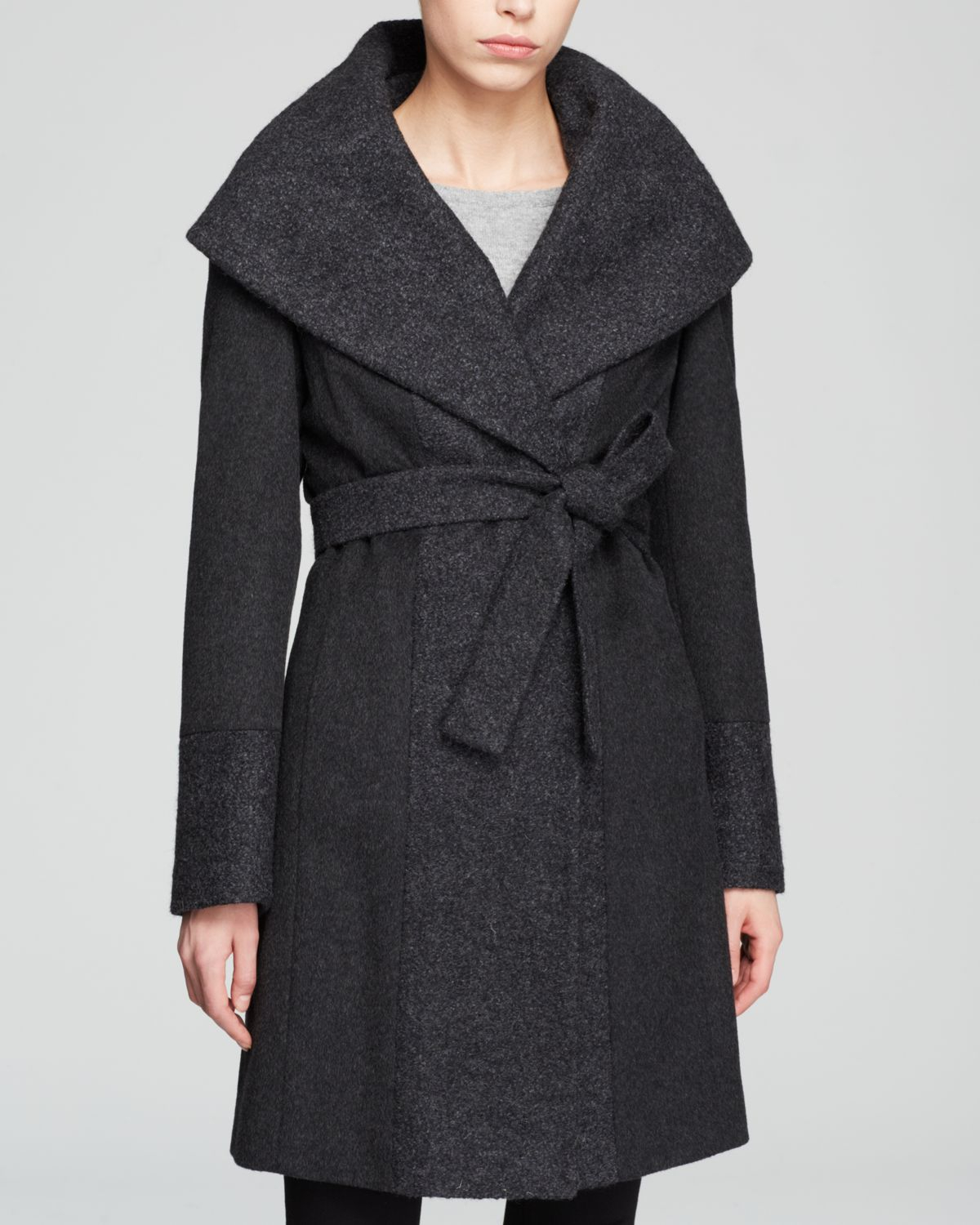 Calvin klein Coat - Belted Wool Wrap in Gray | Lyst