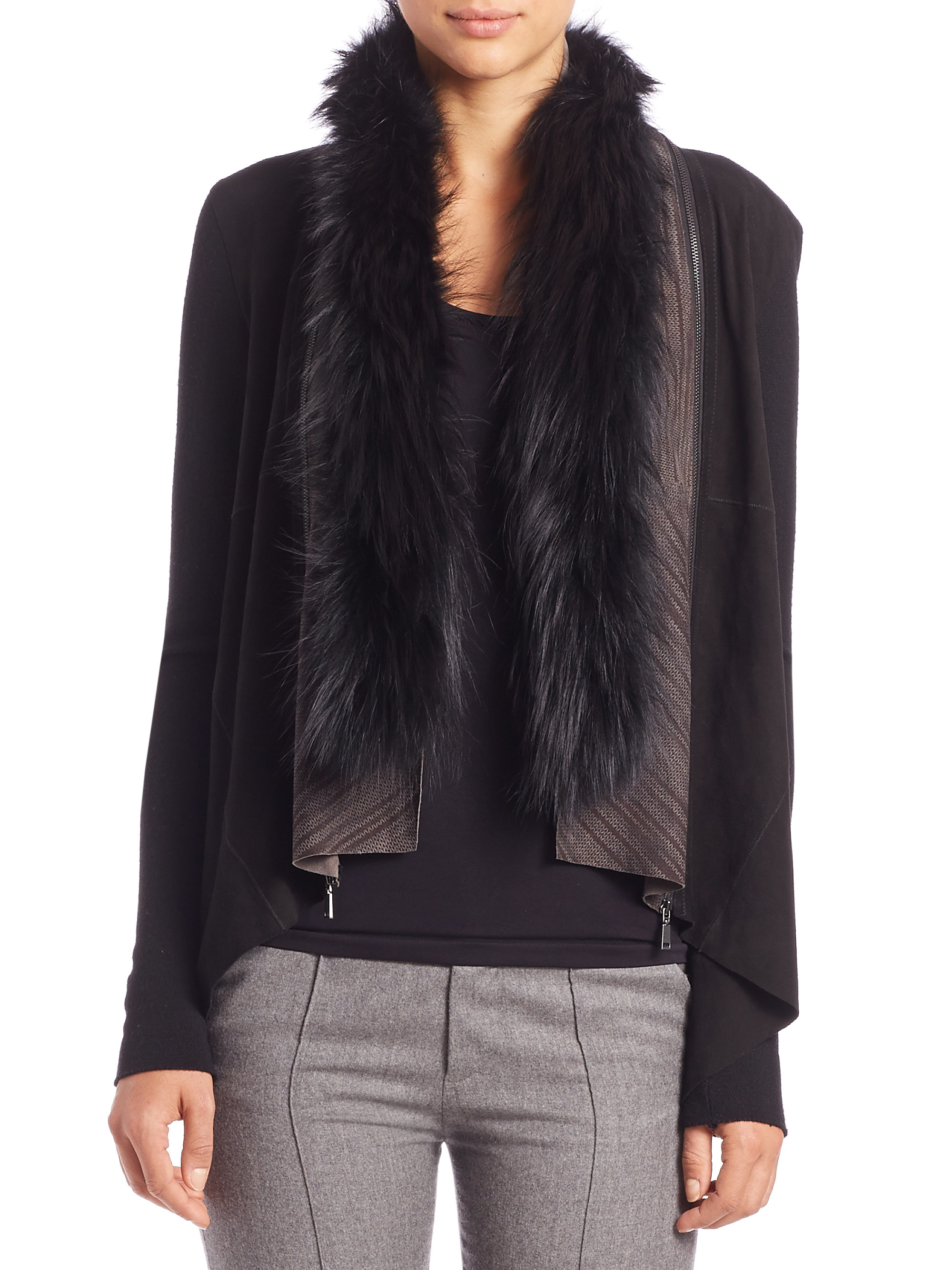 Elie tahari Margaret Fox Furcollar Sweater in Black Lyst