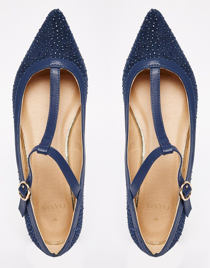 Oasis T Bar Point Sparkle Flat Shoe in Navy (Blue) - Lyst