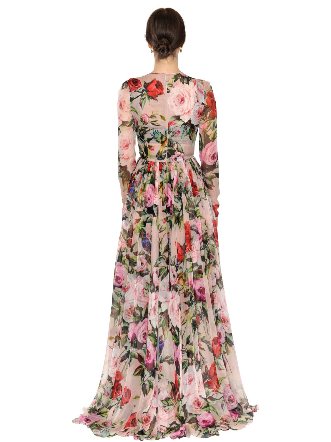 Dolce & Gabbana Embellished Roses Print Silk Voile Dress in Green - Lyst