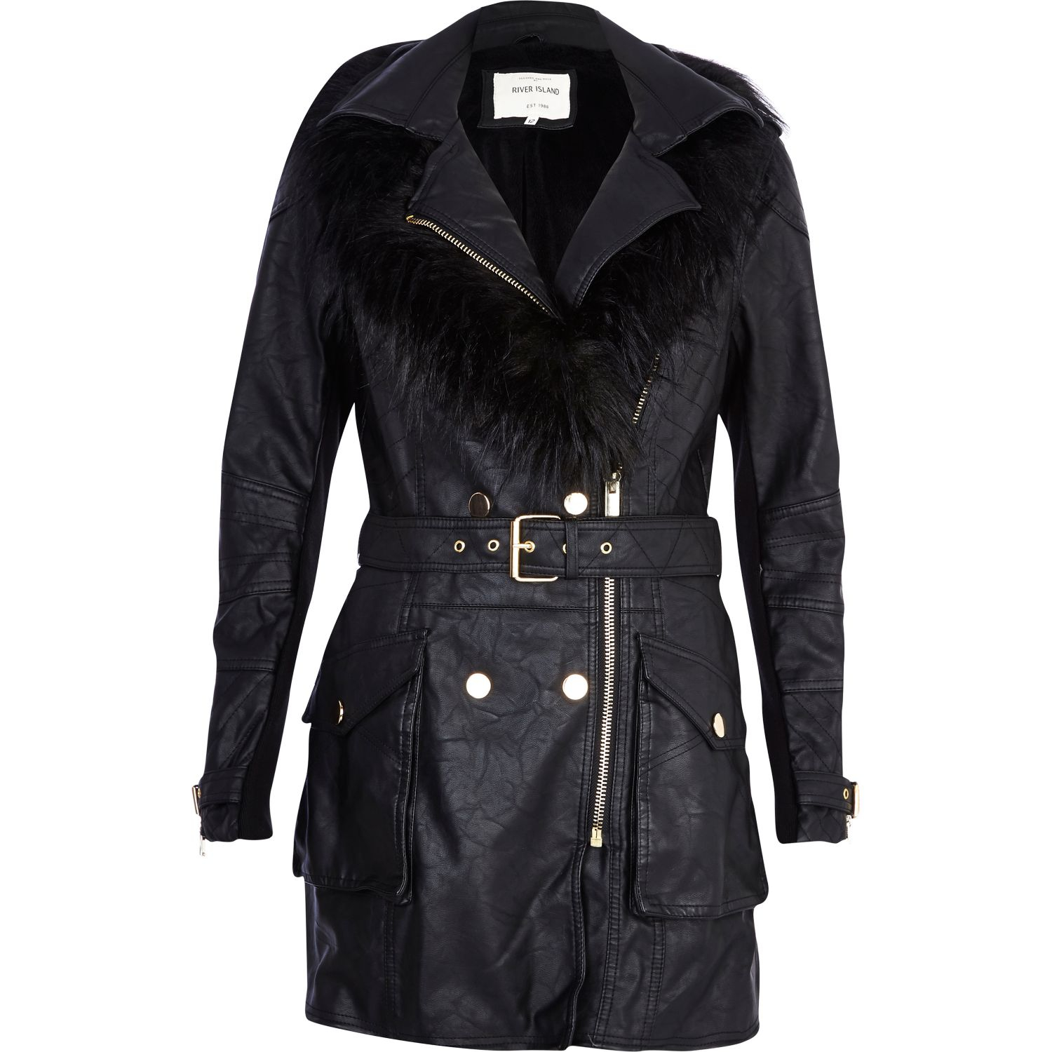 River Island Black Leatherlook Faux Fur Collar Biker Coat In Gallery