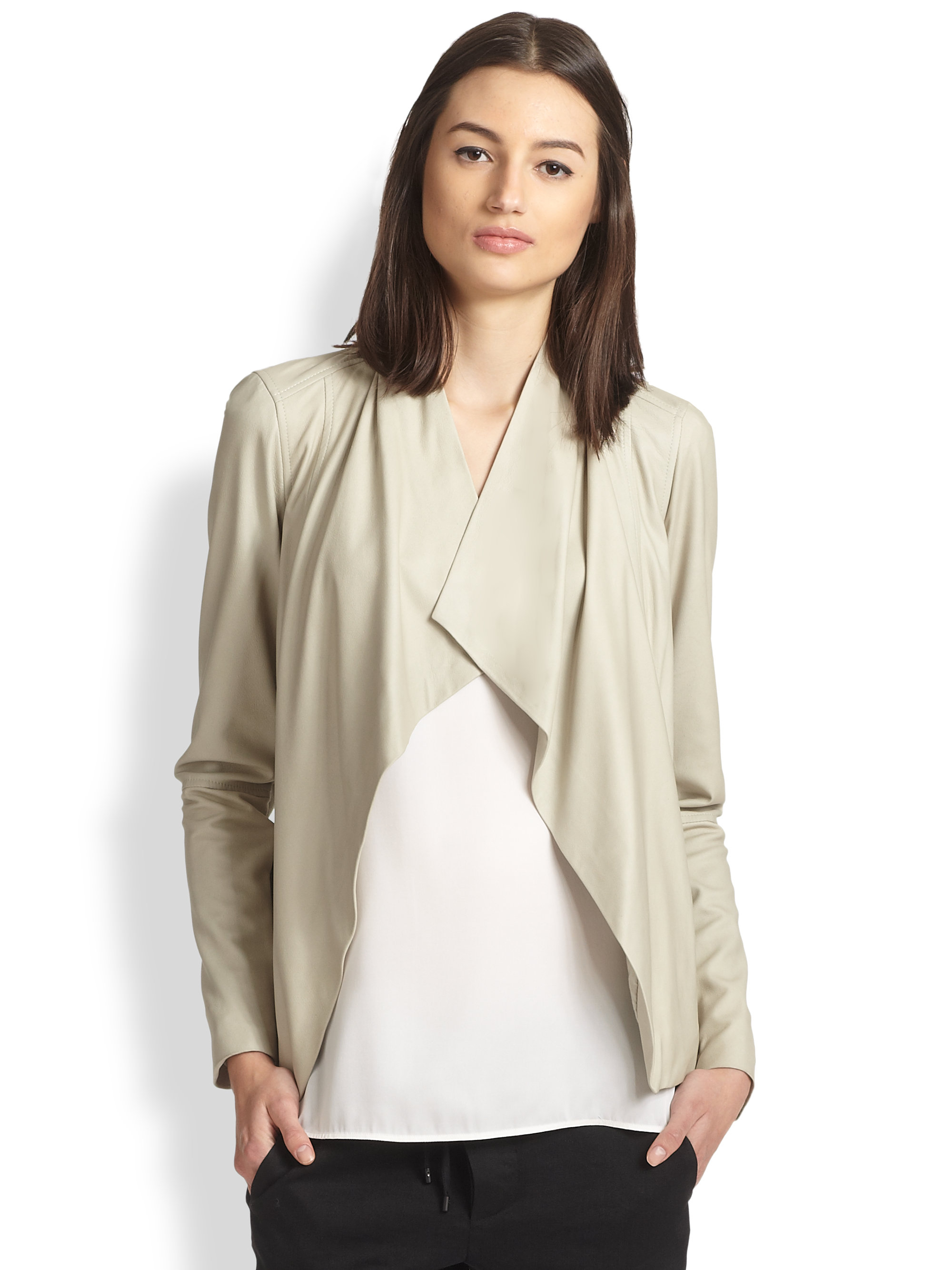 Vince Draped Leather Jacket In Natural Lyst