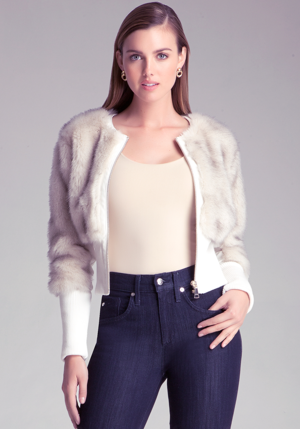 white faux fur cropped jacket