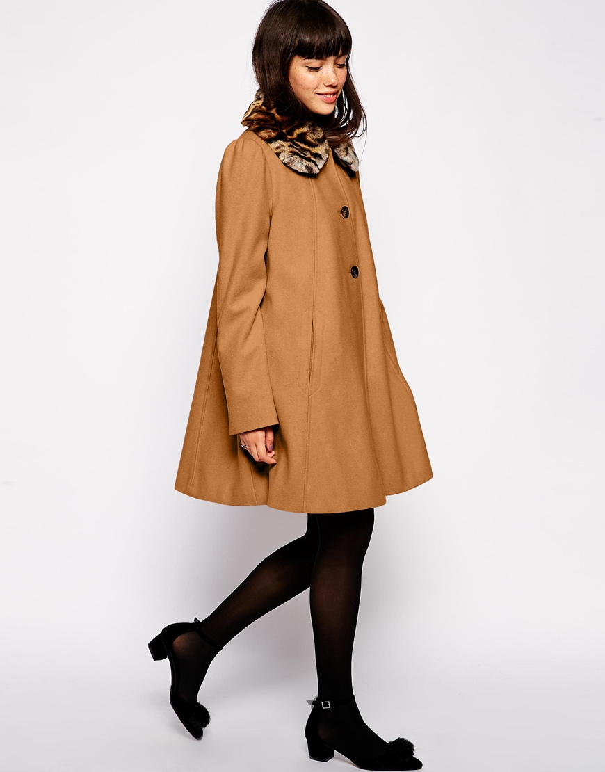 ASOS Swing Coat With Contrast Faux Fur Collar in Natural | Lyst