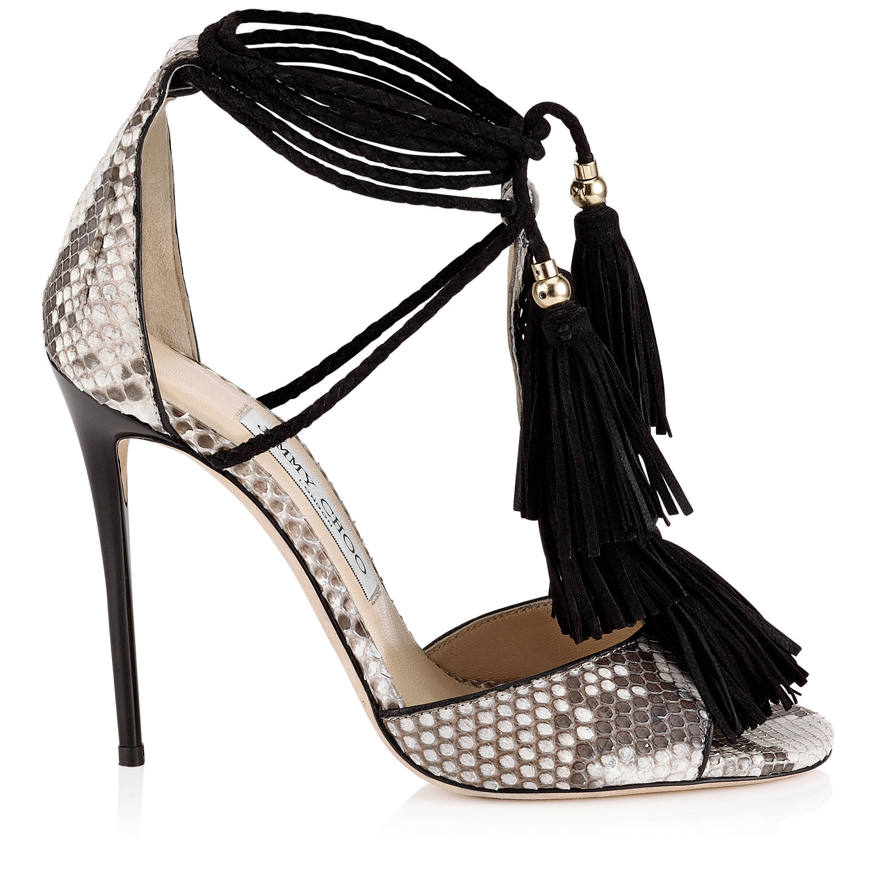 Jimmy Choo Suede Mindy Tasseled Python Sandals In Natural Black Natural Lyst