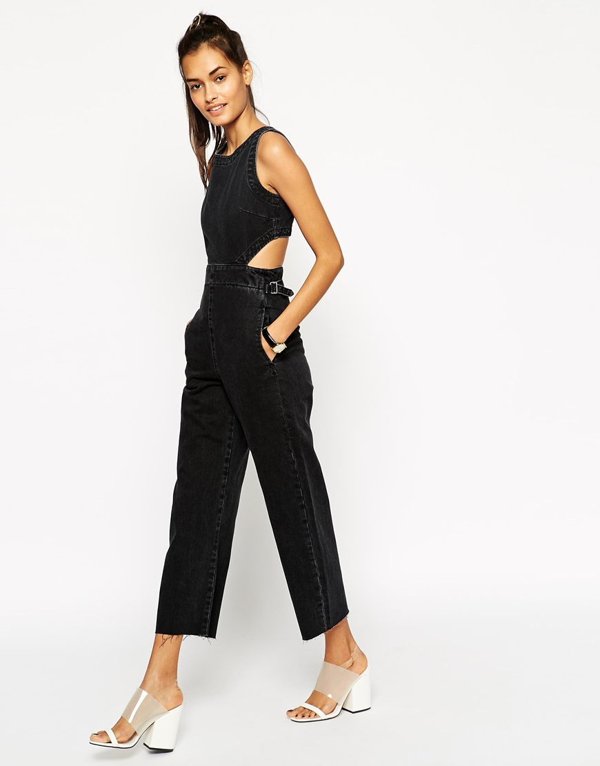Lyst - Asos Denim Wide Leg Cut Out Jumpsuit In Washed Black in Black