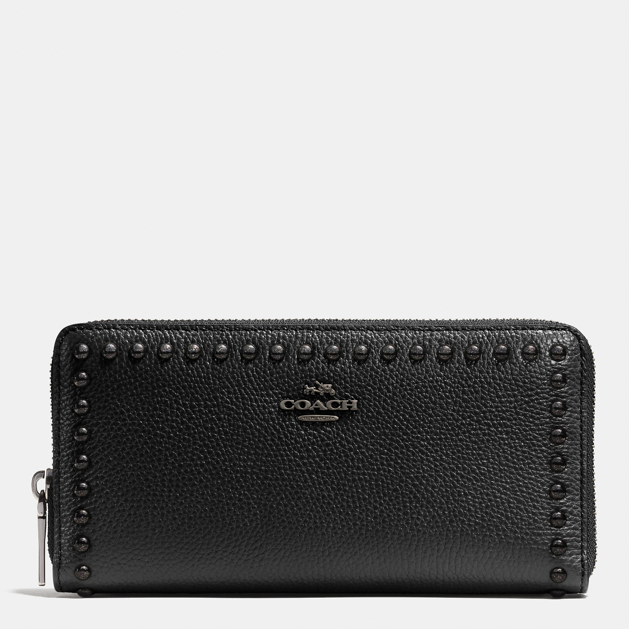 Coach Accordion Zip Wallet In Lacquer Rivets Pebble Leather in Black (BLACK ANTIQUE NICKEL/BLACK ...