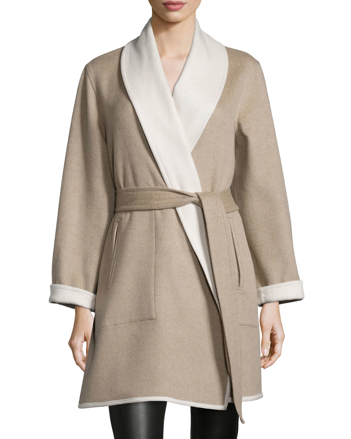 Sofia Cashmere Cashmere Reversible Double-face Wrap Coat in Taupe/Ivory ...