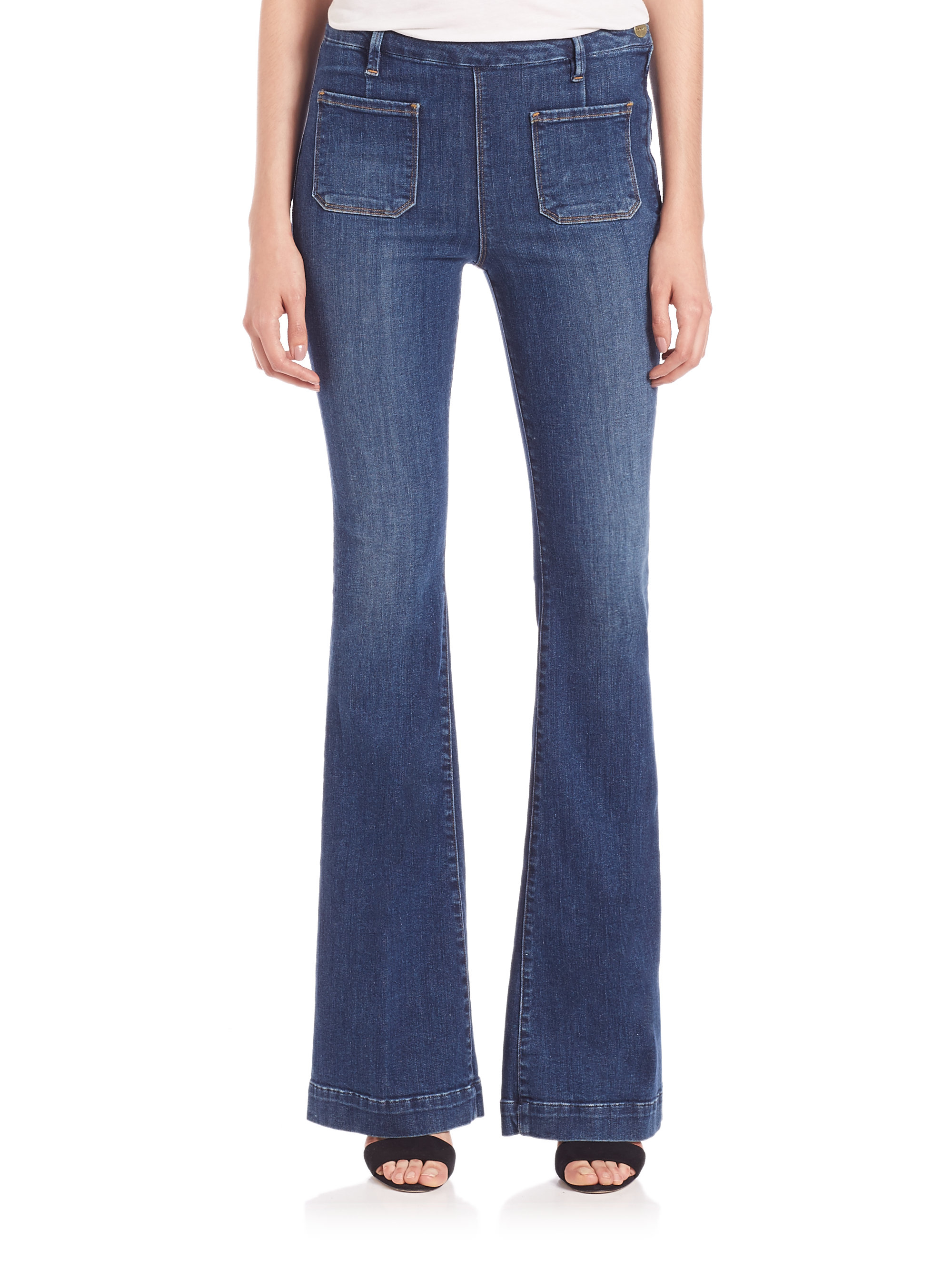 FRAME High-rise Patch Pocket Flared Denim Trousers in Blue | Lyst