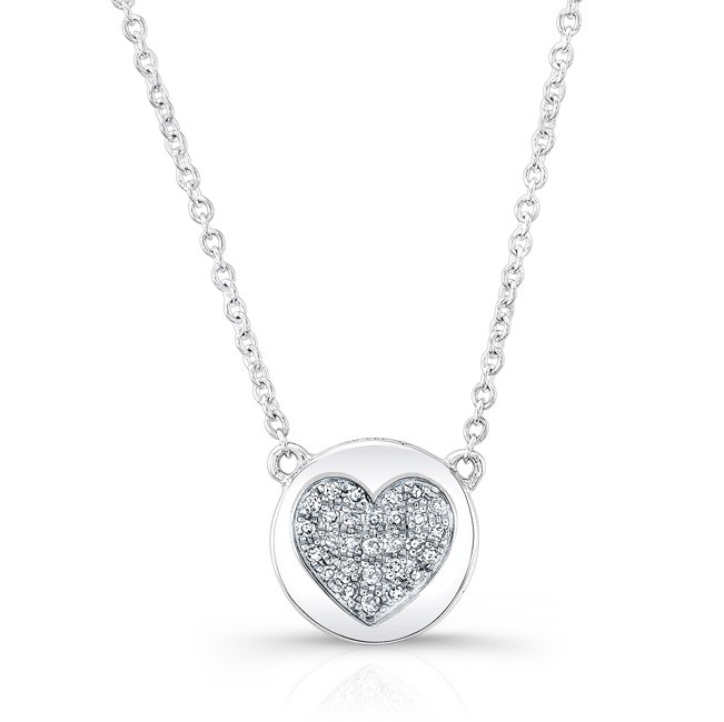 14KT White Gold Diamond 2 Sided Heart  Disc Necklace. Necklace chain ...
