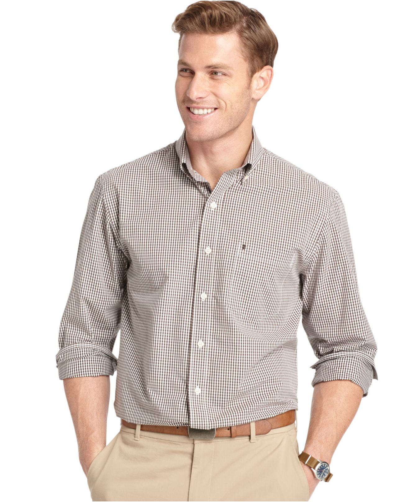 Izod Long Sleeve Gingham Button-down Shirt in Brown for Men | Lyst