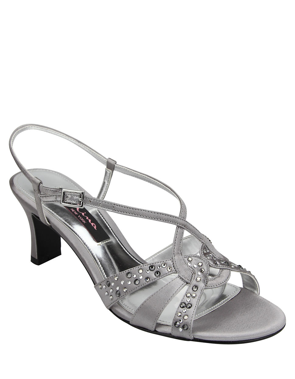 Nina Golby Satin Open-Toe Dress Sandals in Silver | Lyst