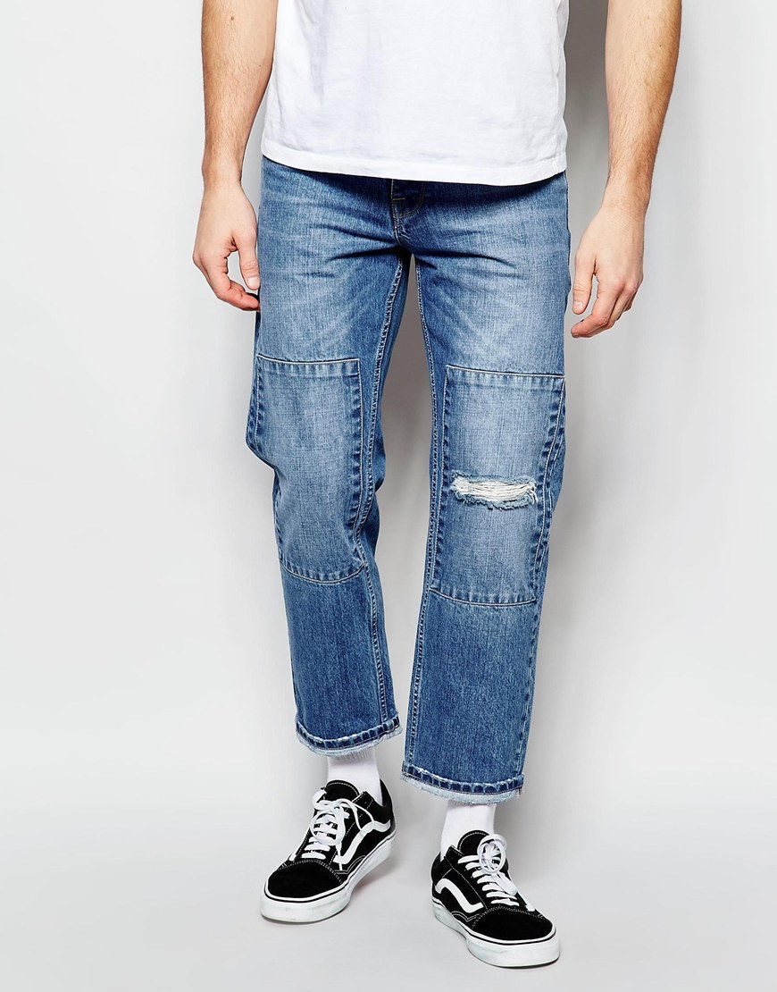 ASOS Straight Jeans In Cropped Length With Patches Blue for Men | Lyst