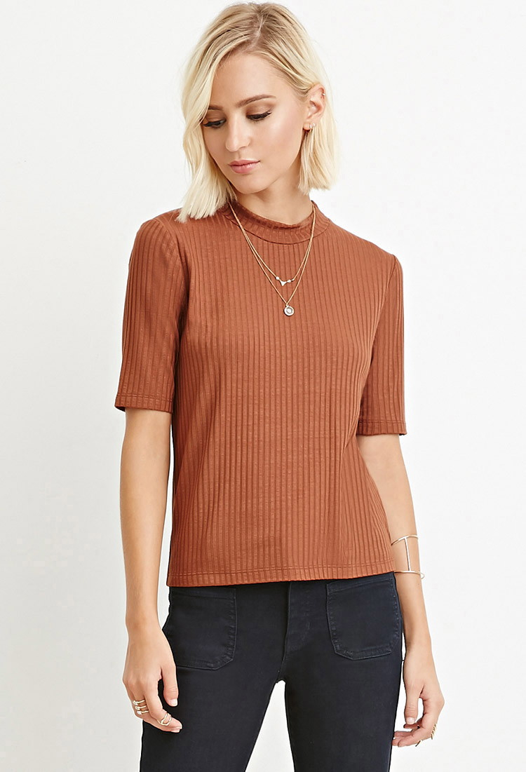 Forever 21 Ribbed Mock Neck Top In Brown Lyst