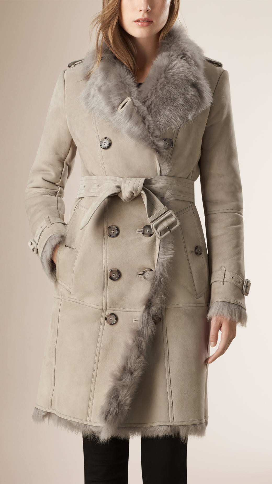 Burberry Leather Shearling Trench Coat in Light Grey (Gray) - Lyst