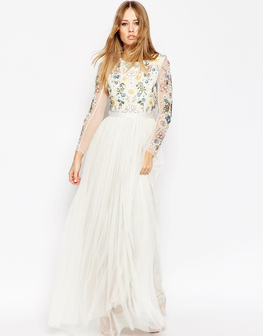 needle & thread embroidered tulle maxi dress with cap sleeve in rose