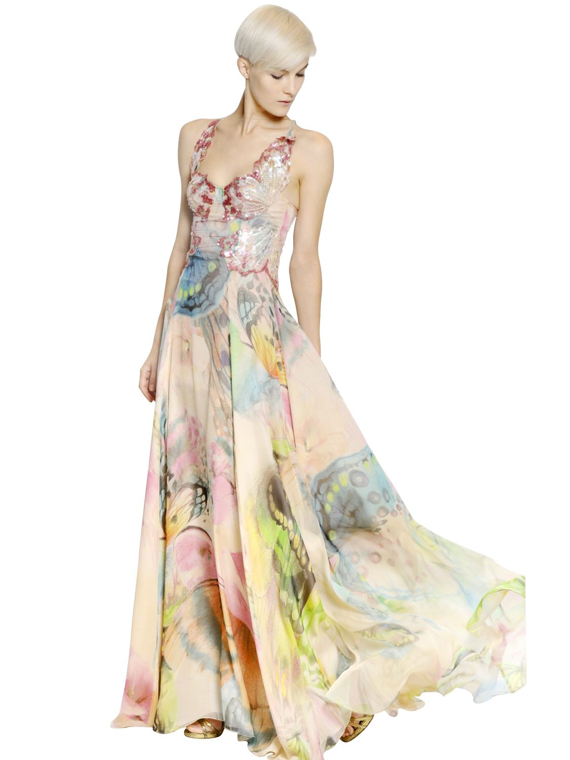 Blumarine Sequined Printed Silk Chiffon Long Dress in Natural | Lyst